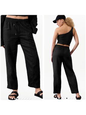 Athleta Retreat Linen Flare Pants Womens Tall Large Black Drawstring Waist Beach